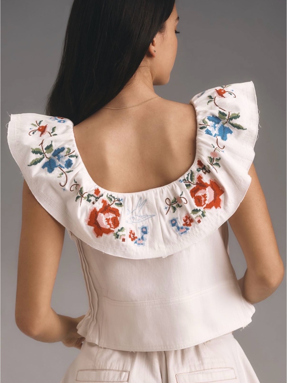 Pilcro Embroidered Ruffle-Sleeve Button Front Top - Picture 2 of 7